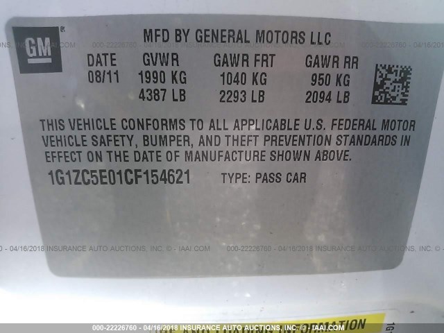 1G1ZC5E01CF154621 - 2012 CHEVROLET MALIBU 1LT 白色 照片 9