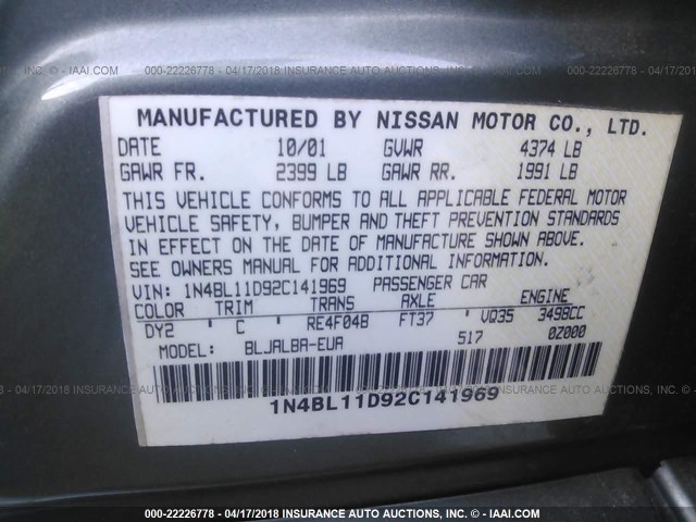 1N4BL11D92C141969 - 2002 NISSAN ALTIMA SE GREEN photo 9