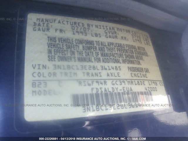 3N1BC13E28L361485 - 2008 NISSAN VERSA S/SL BLUE photo 9