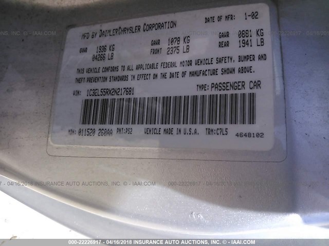 1C3EL55RX2N217681 - 2002 CHRYSLER SEBRING LXI SILVER photo 9