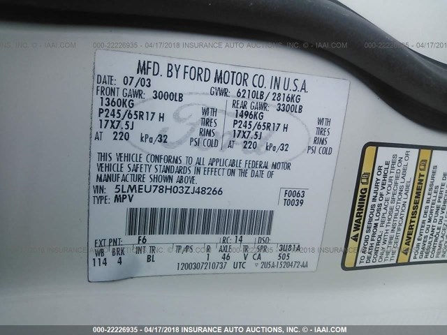 5LMEU78H03ZJ48266 - 2003 LINCOLN AVIATOR 白色 照片 9