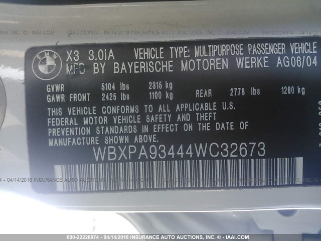 WBXPA93444WC32673 - 2004 BMW X3 3.0I WHITE photo 9