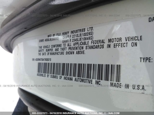 4S3BH675847605015 - 2004 SUBARU LEGACY OUTBACK AWP 白色 照片 9