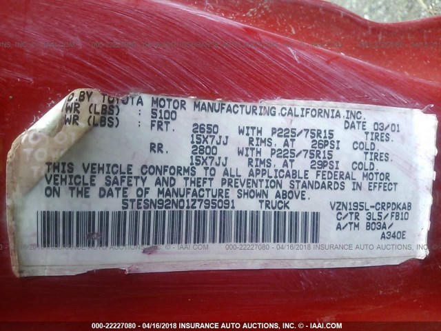 5TESN92N01Z795091 - 2001 TOYOTA TACOMA XTRACAB PRERUNNER 红色 照片 9