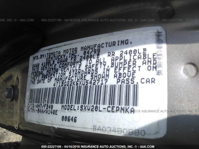 4T1BG22K6XU542717 - 1999 TOYOTA CAMRY CE/LE/XLE TAN photo 9