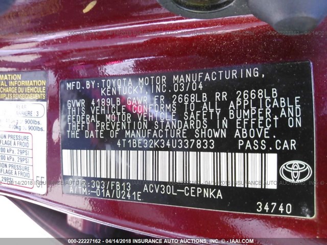 4T1BE32K34U337833 - 2004 TOYOTA CAMRY LE/XLE/SE RED photo 9