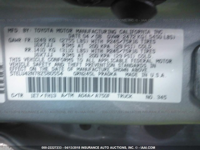 5TELU42N78Z580554 - 2008 TOYOTA TACOMA DOUBLE CAB ვერცხლისფერი ფოტო 9