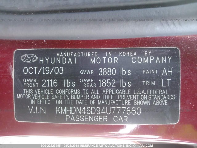 KMHDN46D94U777680 - 2004 HYUNDAI ELANTRA GLS/GT RED photo 9