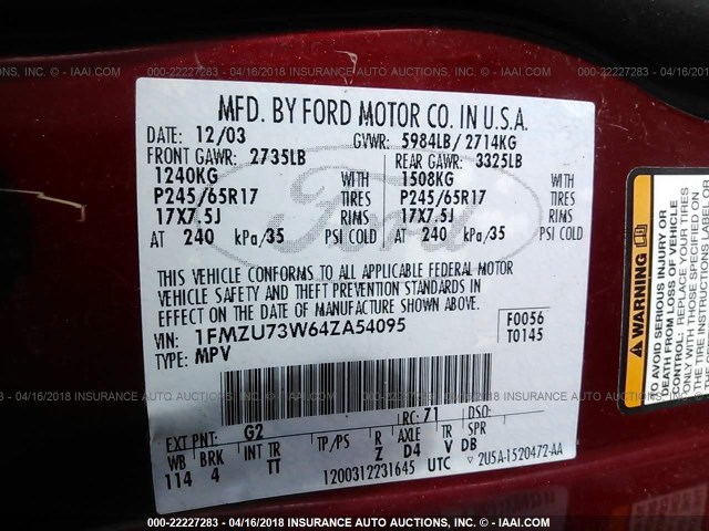 1FMZU73W64ZA54095 - 2004 FORD EXPLORER XLT/XLT SPORT/NBX 红色 照片 9