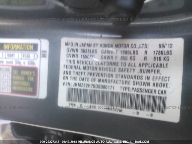 JHMZE2H75DS000171 - 2013 HONDA INSIGHT EX GRAY photo 9