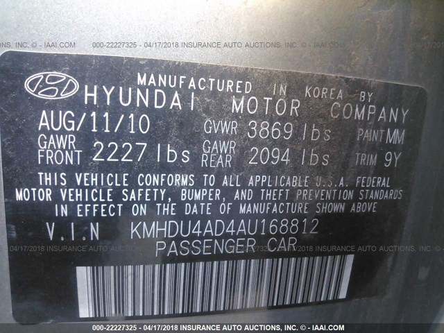 KMHDU4AD4AU168812 - 2010 HYUNDAI ELANTRA BLUE/GLS/SE GRAY photo 9