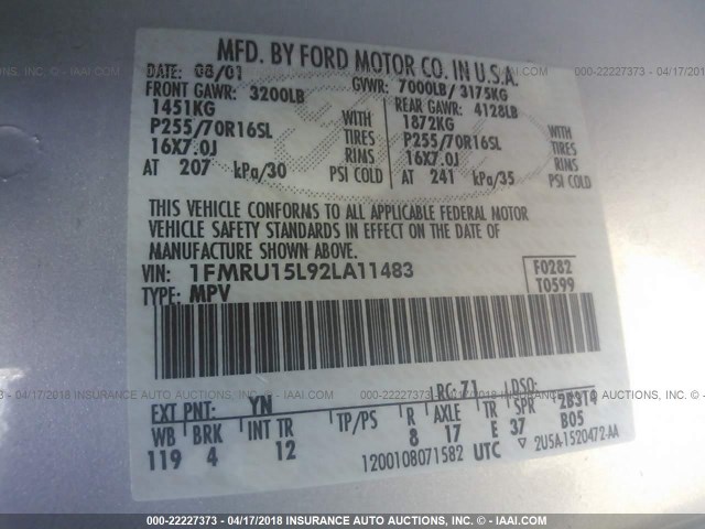 1FMRU15L92LA11483 - 2002 FORD EXPEDITION XLT 银色 照片 9