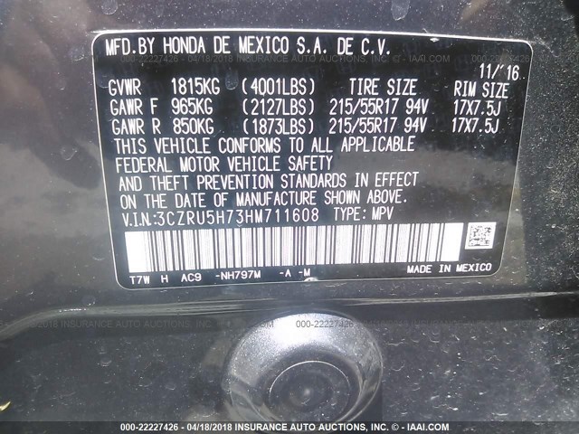 3CZRU5H73HM711608 - 2017 HONDA HR-V EXL GRAY photo 9