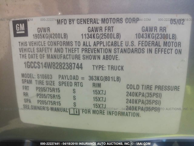 1GCCS14W828238744 - 2002 CHEVROLET S TRUCK S10 TAN photo 9