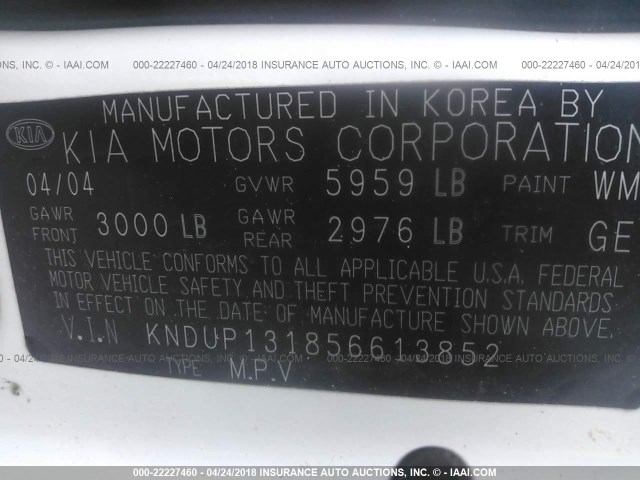 KNDUP131856613852 - 2005 KIA SEDONA EX/LX WHITE photo 9