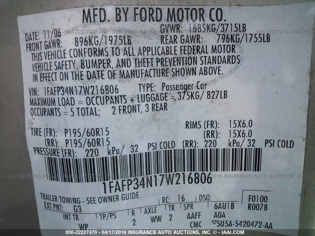 1FAFP34N17W216806 - 2007 FORD FOCUS ZX4/S/SE/SES 棕色 照片 9