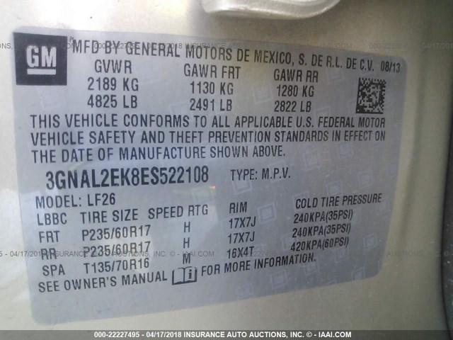 3GNAL2EK8ES522108 - 2014 CHEVROLET CAPTIVA LS 金色 照片 9