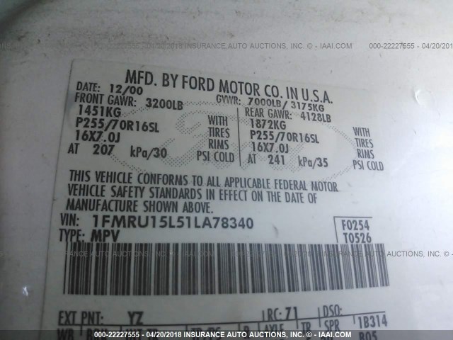 1FMRU15L51LA78340 - 2001 FORD EXPEDITION XLT თეთრი ფოტო 9