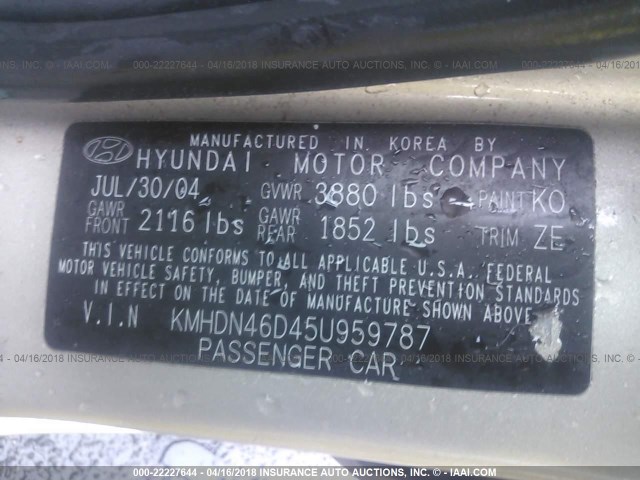 KMHDN46D45U959787 - 2005 HYUNDAI ELANTRA GLS/GT TAN photo 9