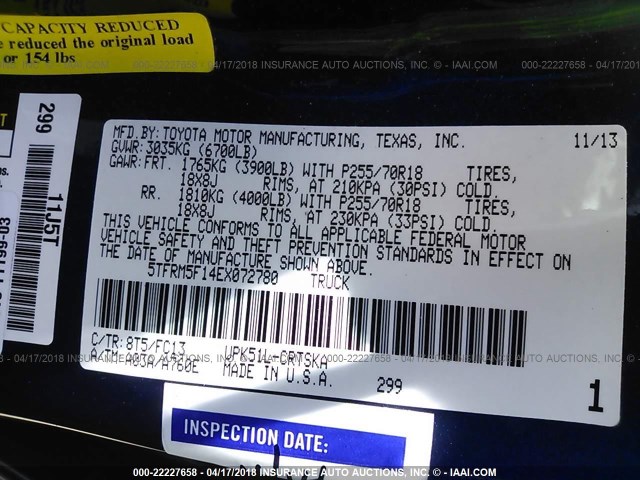 5TFRM5F14EX072780 - 2014 TOYOTA TUNDRA DOUBLE CAB SR/SR5 BLUE photo 9