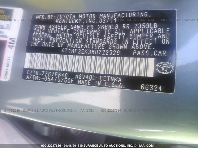 4T1BF3EK3BU722329 - 2011 TOYOTA CAMRY SE/LE/XLE GREEN photo 9