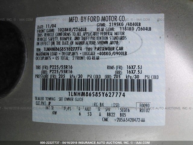 1LNHM86S85Y627774 - 2005 LINCOLN LS 银色 照片 9