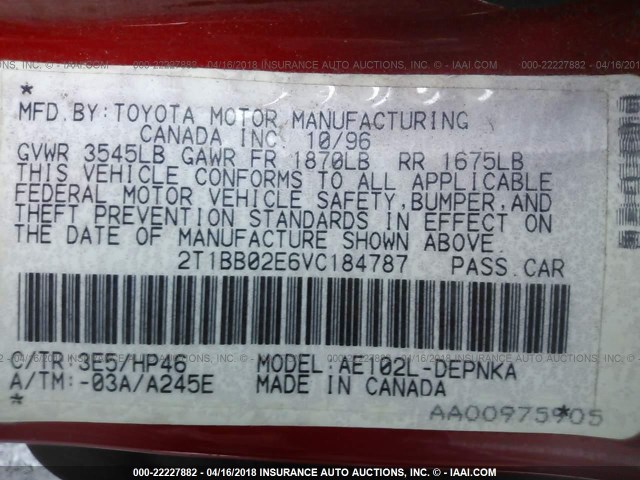 2T1BB02E6VC184787 - 1997 TOYOTA COROLLA DX RED photo 9