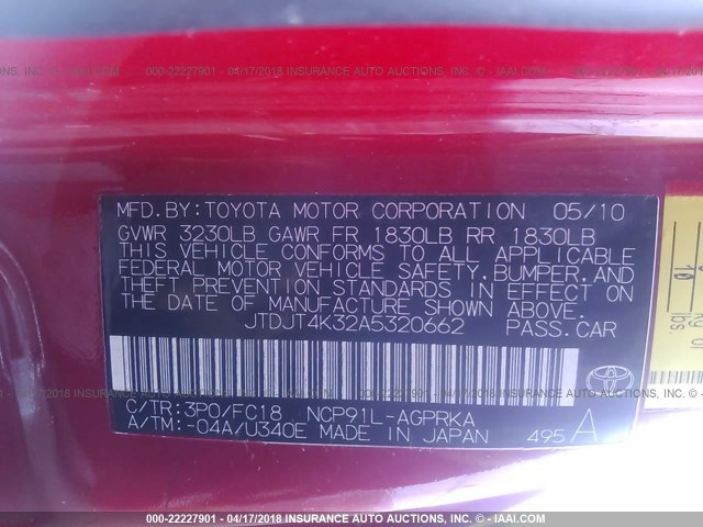 JTDJT4K32A5320662 - 2010 TOYOTA YARIS RED photo 9