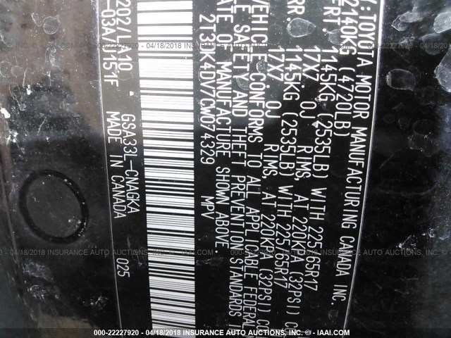 2T3DK4DV7CW074329 - 2012 TOYOTA RAV4 LIMITED Qara foto 9