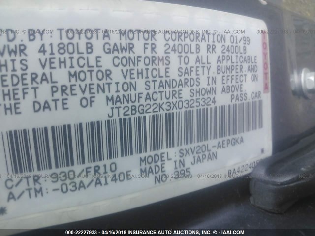 JT2BG22K3X0325324 - 1999 TOYOTA CAMRY LE/XLE GRAY photo 9