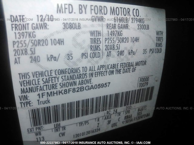 1FMHK8F82BGA05957 - 2011 FORD EXPLORER LIMITED 黑色 照片 9