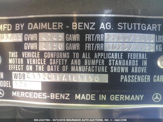 WDBCA32C1FA169190 - 1985 MERCEDES-BENZ 380 SE GRAY photo 9