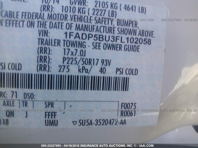 1FADP5BU3FL102058 - 2015 FORD C-MAX SEL WHITE photo 9