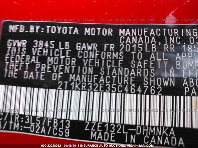 2T1KR32E35C464762 - 2005 TOYOTA COROLLA MATRIX XR RED photo 9