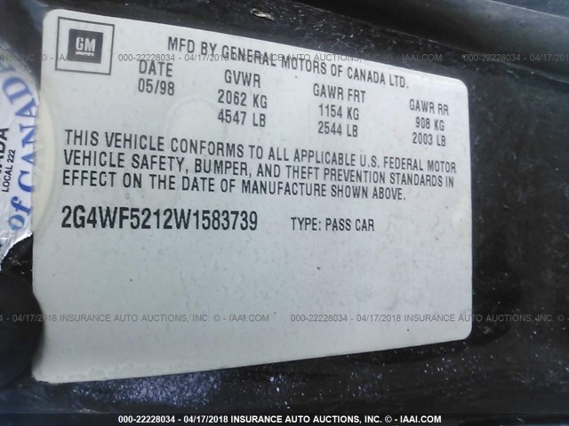 2G4WF5212W1583739 - 1998 BUICK REGAL GS 黑色 照片 9