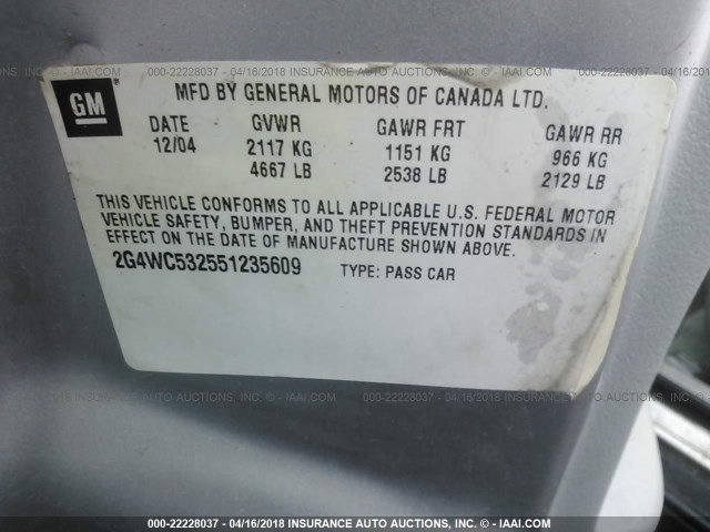 2G4WC532551235609 - 2005 BUICK LACROSSE CX SILVER photo 9