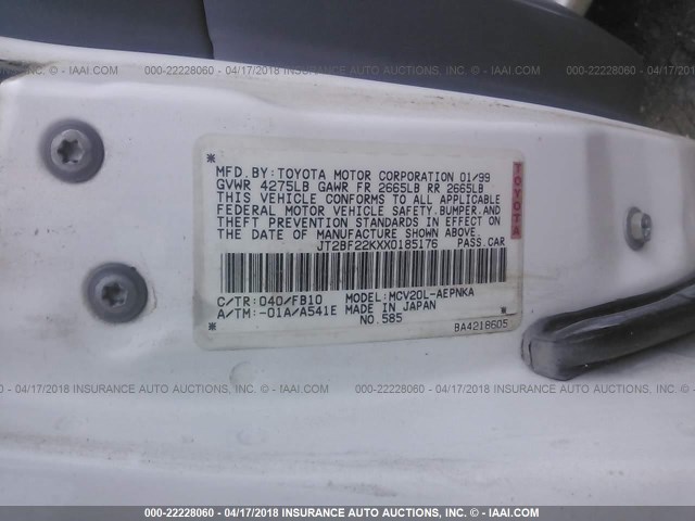 JT2BF22KXX0185176 - 1999 TOYOTA CAMRY LE/XLE Білий фото 9