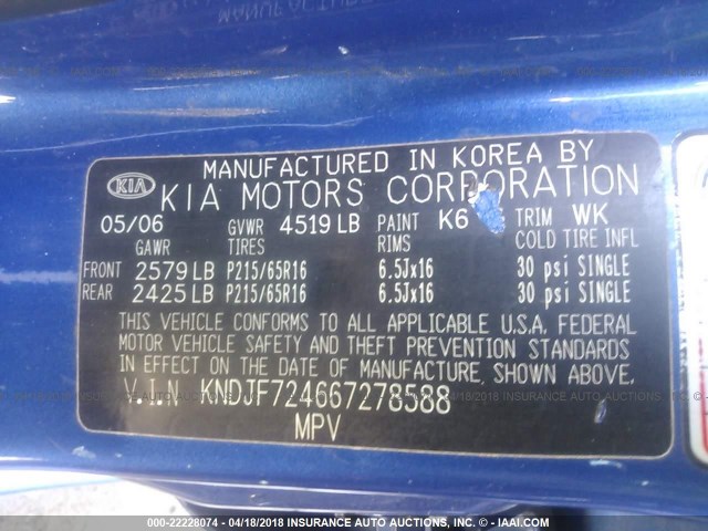 KNDJF724667278588 - 2006 KIA NEW SPORTAGE  BLUE photo 9