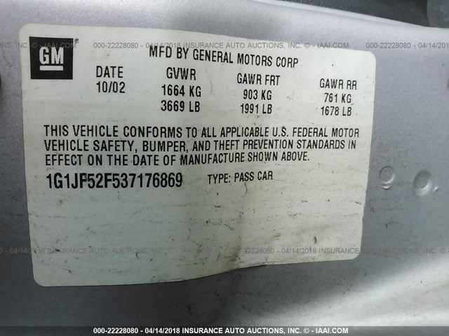 1G1JF52F537176869 - 2003 CHEVROLET CAVALIER LS SILVER photo 9