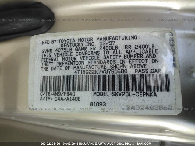 4T1BG22K7VU781688 - 1997 TOYOTA CAMRY CE/LE/XLE 金色 照片 9