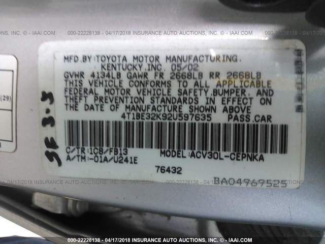 4T1BE32K92U597635 - 2002 TOYOTA CAMRY LE/XLE/SE GRAY photo 9