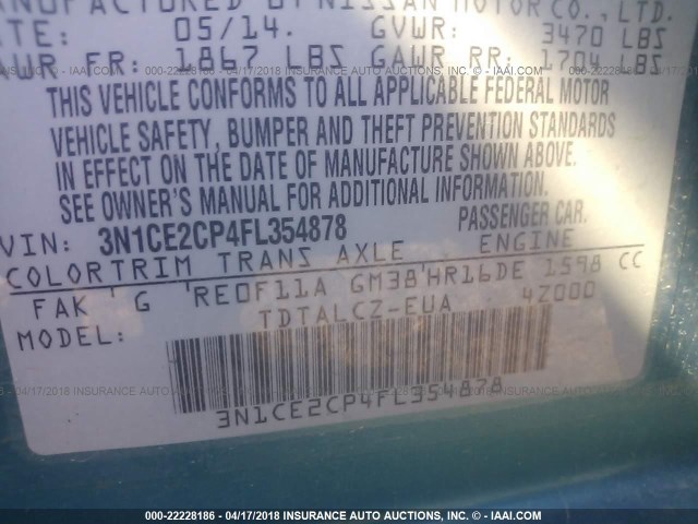 3N1CE2CP4FL354878 - 2015 NISSAN VERSA NOTE S/S PLUS/SV/SL/SR TEAL photo 9