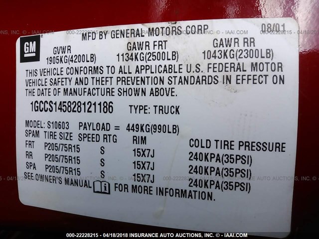 1GCCS145828121186 - 2002 CHEVROLET S TRUCK S10 RED photo 9
