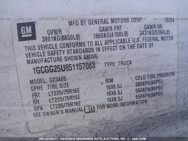 1GCGG25U851157083 - 2005 CHEVROLET EXPRESS G2500  WHITE photo 9