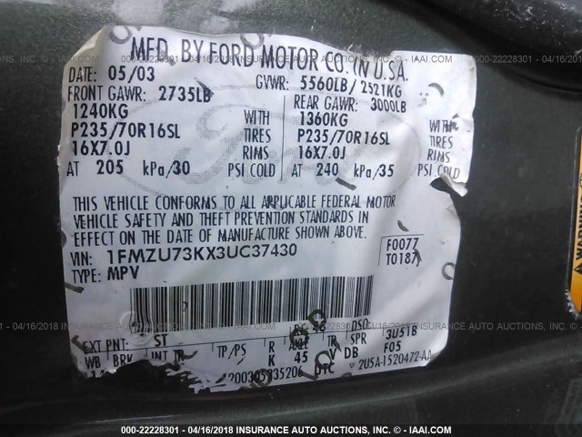 1FMZU73KX3UC37430 - 2003 FORD EXPLORER XLT/XLT SPORT/NBX GREEN photo 9