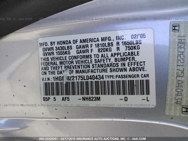 1HGEM22175L040434 - 2005 HONDA CIVIC DX VP SILVER photo 9