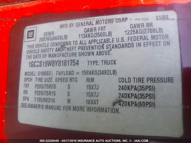 1GCCS19W8Y8181754 - 2000 CHEVROLET S TRUCK S10 RED photo 9