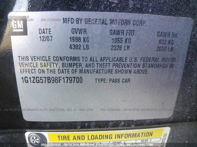 1G1ZG57B98F179700 - 2008 CHEVROLET MALIBU LS 黑色 照片 9