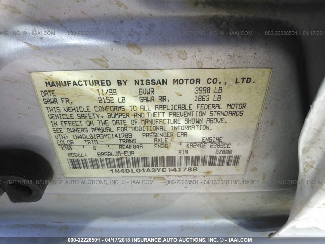 1N4DL01A3YC141788 - 2000 NISSAN ALTIMA XE/GXE/SE/GLE SILVER photo 9