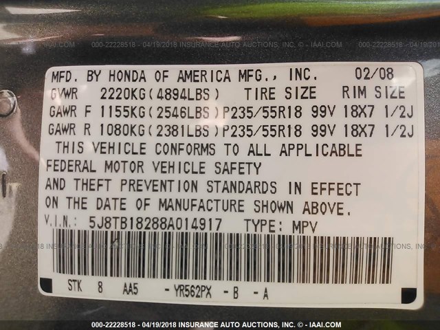 5J8TB18288A014917 - 2008 ACURA RDX SILVER photo 9